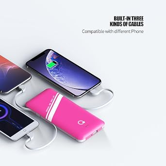 10000mAh Power Bank، Q Slim Portable Charger، 4 Output External Battery Pack with in-in AC Wall Plug Micro USB C ثلاثة كابلات متوافقة مع جميع أنواع الهواتف المحمولة ( Pink )