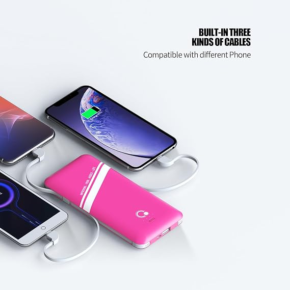10000mAh Power Bank، Q Slim Portable Charger، 4 Output External Battery Pack with in-in AC Wall Plug Micro USB C ثلاثة كابلات متوافقة مع جميع أنواع الهواتف المحمولة ( Pink )