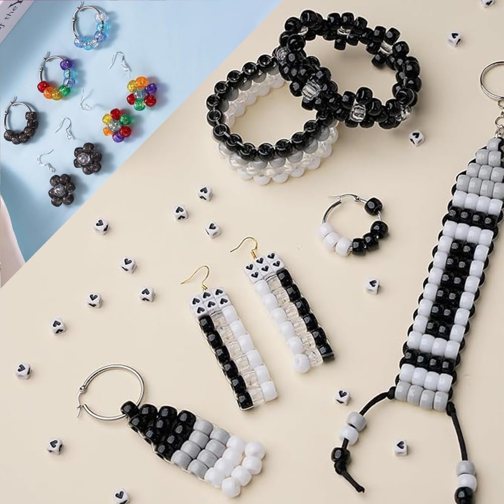 SOFPLAT 1 Box 1000Pcs 6x9mm Pony Beads White Black Glitter Kandi Beads Bulk Holiday Round Plastic Pony Heart Charms Accessories for Jewelry Making Supplies DIY Bracelets Earrings Crafts Hair Braids