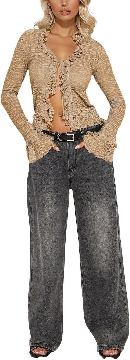 Women's Y2K Tie Front Cardigan Textured Lettuce Trim Long Sleeve Sheer Shrug Top Cover Ups - Image 3