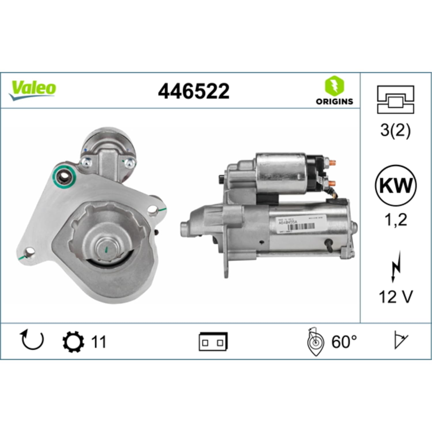 Valeo Motor de Arranque 446522-1,2 kW - 11 Dientes - 12 V