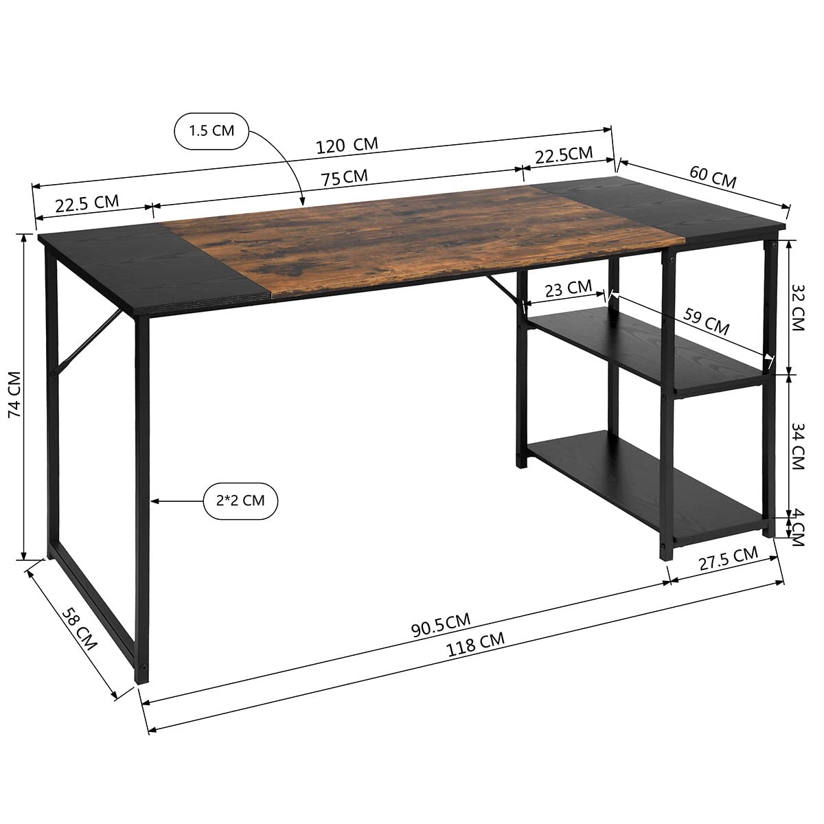 FurnitureR - Mesa de Dibujo (120 x 60 cm, Bandeja Bicolor, Retro, marrón y Negro, 2 estantes Laterales, Ajuste en Altura, Estructura de Metal, Ideal para Artistas, Estudiantes o Oficina Creativa