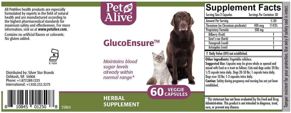 PetAlive GlucoEnsure - All Natural Herbal Supplement for Maintaining Blood Sugar (Glucose) Levels Already in the Normal Range in Pets