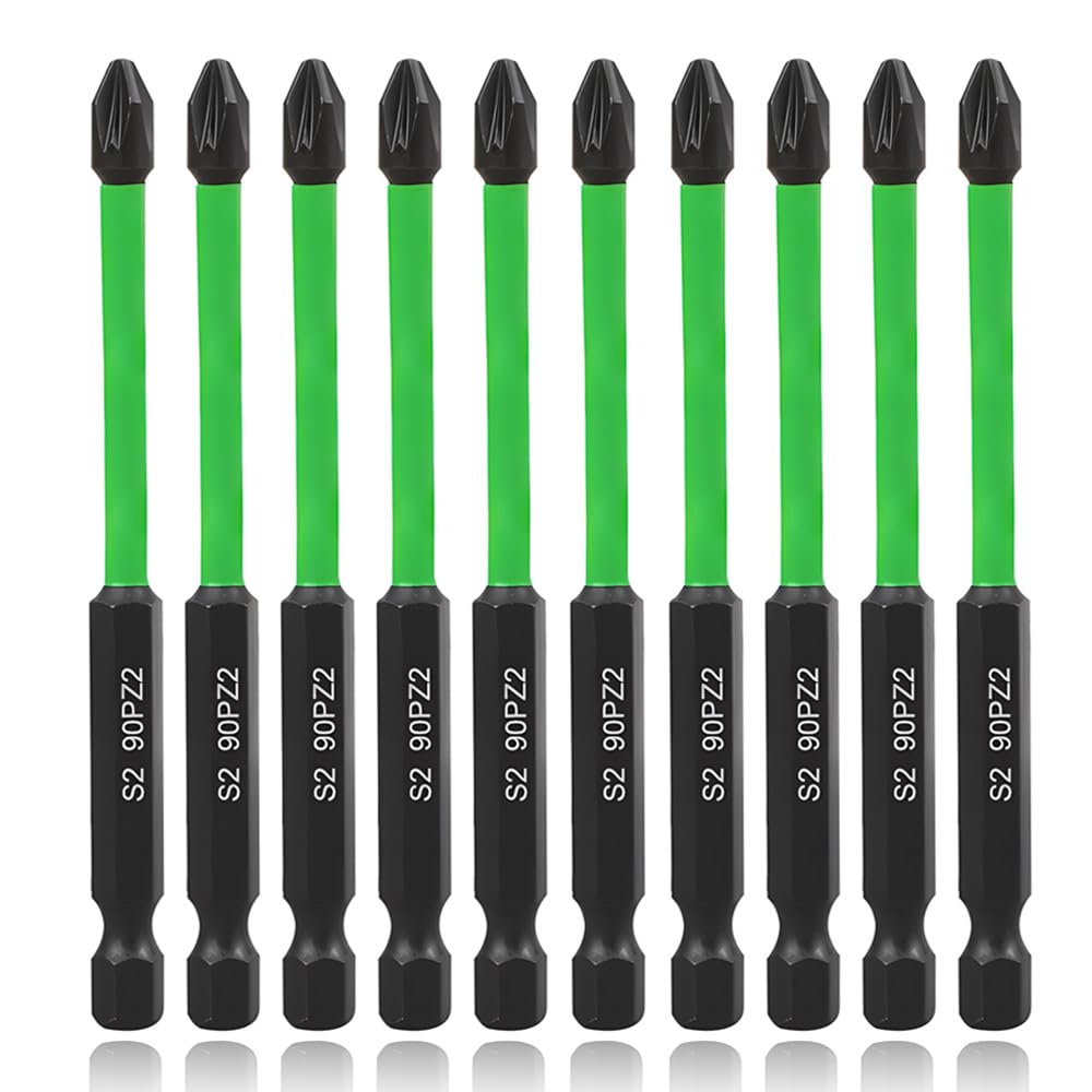 Saipor 10-Piece 90mm Long PZ2 Magnetic Impact Screwdriver Driver Bits Set, POZI No.2 Screw Driver Drill Bits