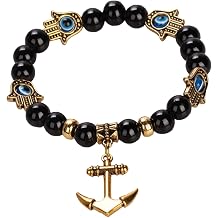 Black Beads Turkish Evil Eye Hamsa Hand With Anchor Charm yoga Unisex bracelet B320