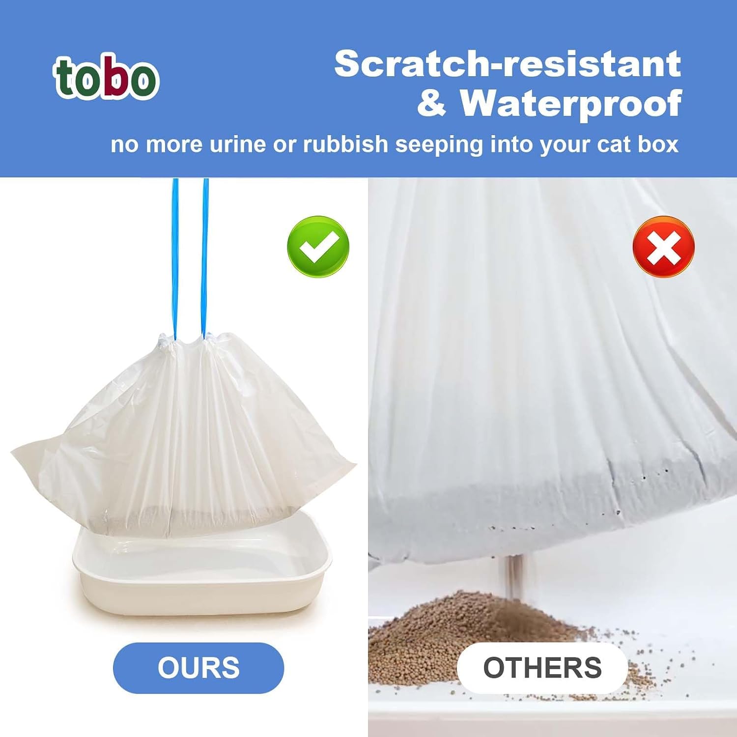Tobo Cat Litter Box Liners, 30 Count, 2 Mil Extra-Durable Drawstring Bags (37" x 17") with Tie Handles + Reusable Canvas Tote Bag, Leak-Resistant, Easy Clean-Up for Most Standard & Large Litter Pans