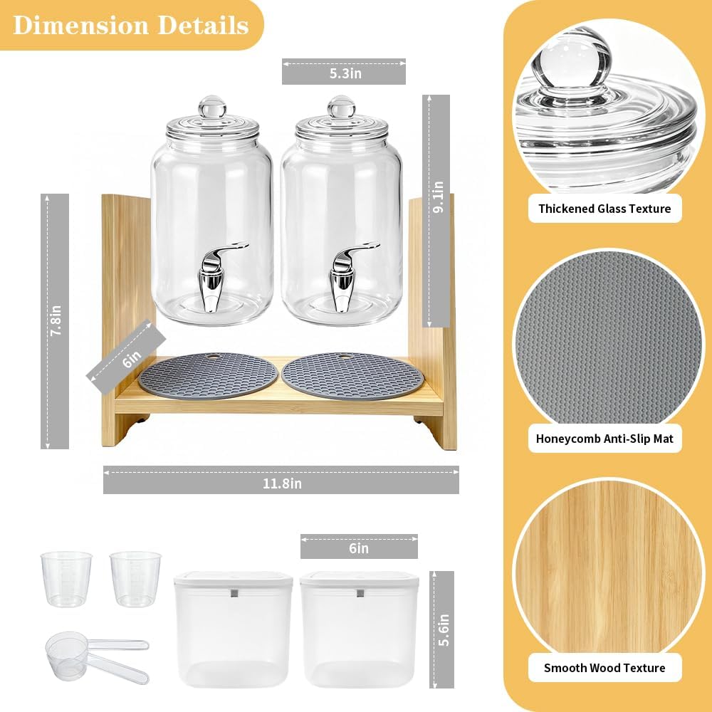 2 Laundry Detergent Dispenser 2 Glass Laundry Detergent Dispenser (108OZ) Includes Bracket Comes with 4 Faucets and 2 Non-Slip mats. Suitable for Everyday Laundry and Storing Beverages