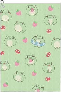 Cute Cartoon Frog, Strawberry and Mushroom Golf Towel Microfiber Durable Fabric with Portable Clip 16x24in