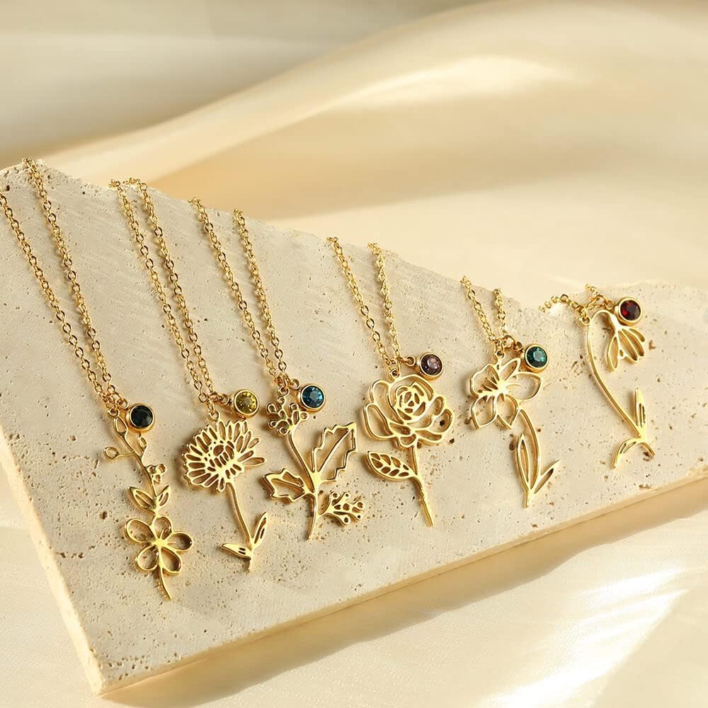Stainless Steel Birth Flower Birthstone Necklaces for Women - Simple 18K Gold Plated 14.96+2.76inch Personalized Floral Birth Month Crystal Pendant Choker Jewelry Accessories Gifts - Image 5