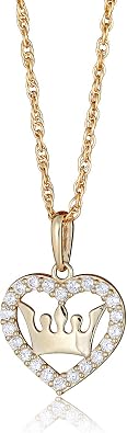 AVORA 10K Yellow Gold Simulated Diamond CZ Crown and Heart Pendant Necklace with 18" Chain