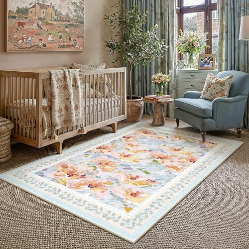 4x6 Washable Area Rug for Entryway Blue Floral Abstract Soft Throw Rug Modern Non Slip Low Pile Carpet for Kitchen Bathroom Living Room Bedroom 4' x 6