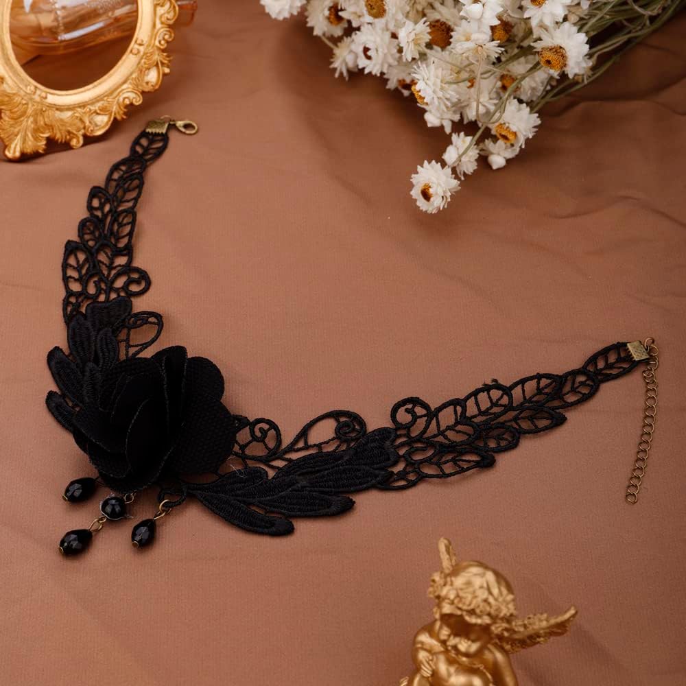 Missgrace Gothic Punk Halloween Black Flower Steampunk Black Lace Choker Necklace for Women - Image 5