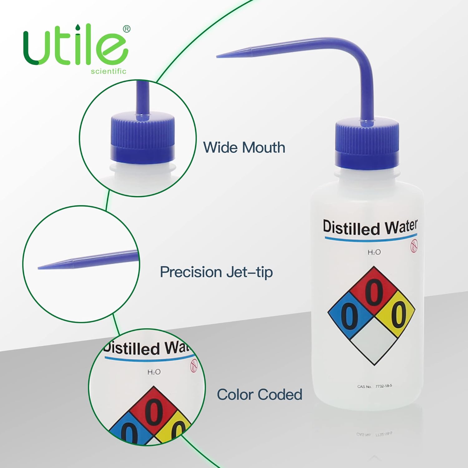Utile Distilled Water Self-Venting Safety Wash Bottles, 4pcs of Vol.500ml, Narrow Mouth Squeeze Bottles, LDPE Material with PP Material Closure, 5511.0571.4