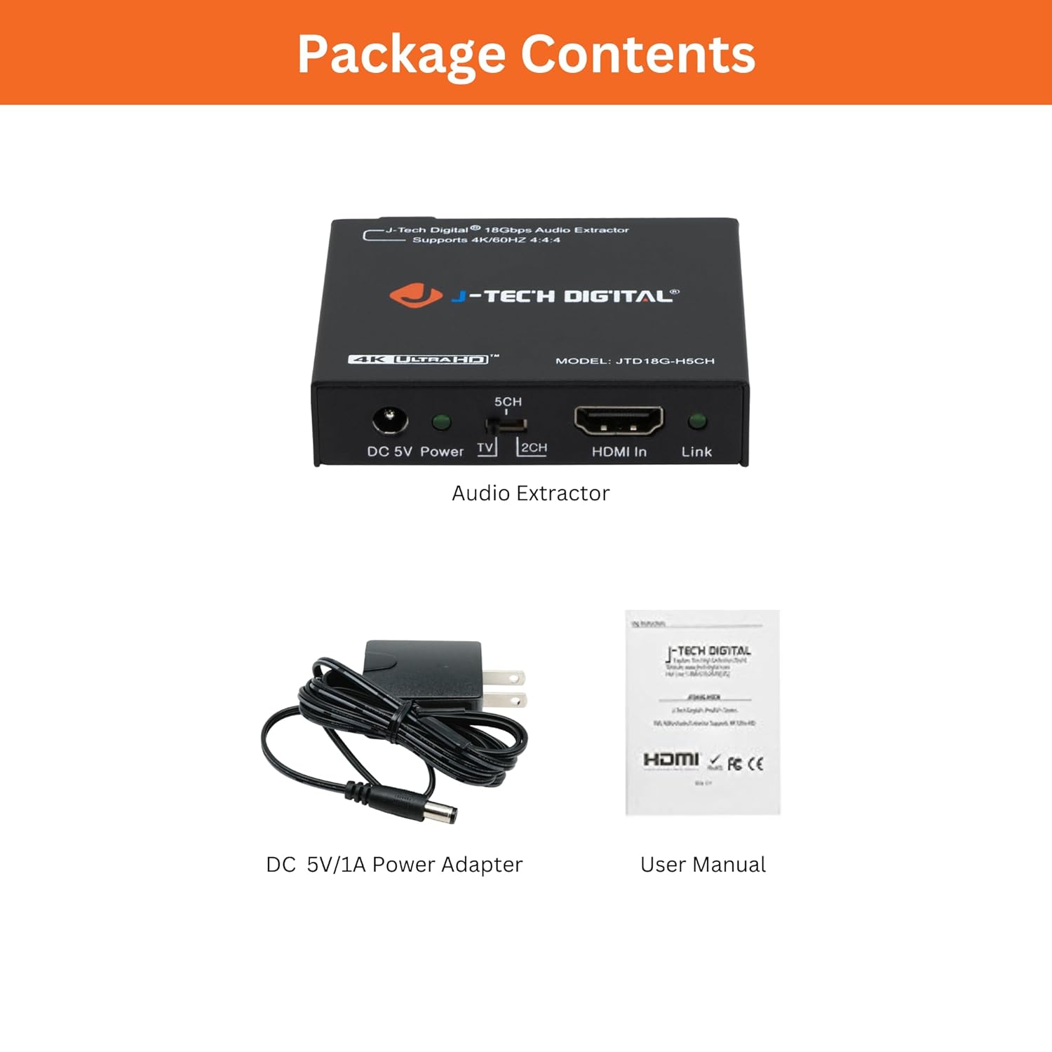 Contents of the J-Tech Digital HDMI Audio Extractor package