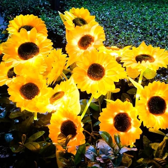 Sunflower Solar Lights Outdoor Garden Decor, 3 Pack 9 Sunflower Solar Pathway Lights Outsides with Warm White, Waterproof Flower Solar Lights for Yard, Patio, Lawn, Landscape Decor