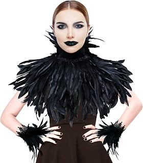 Gothic Real Black Feather Cape Shawl Shoulder Wings Choker Collar with 1 Pair Feather Cuffs, Unisex Fashion Feather Cape Shrug Shawl Stole Poncho, Halloween Cosplay Costume Party for Women Men
