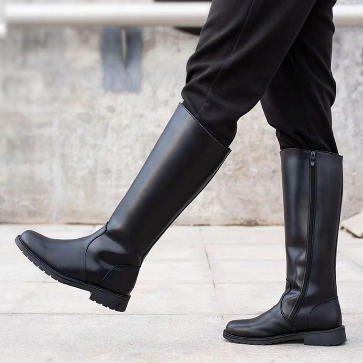 Unisex Leather Side Zipper High Boots Classic Pointy Toe Flat Block Heel Comfortable Soft Non-Slip Sole Knight Boots For Daily Horse Riding Outdoor Army Farm Party