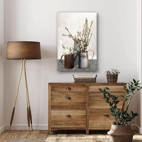 Milili Rustic Flowers Wall Decor Brown Theme Canvas Wall Art Farmhouse Artwork For Bedroom Modern Cotton Bouquet Pictures Cotton Flowers In Vase Wall Art Paintings No-Frame 16X24Inch #TOP2