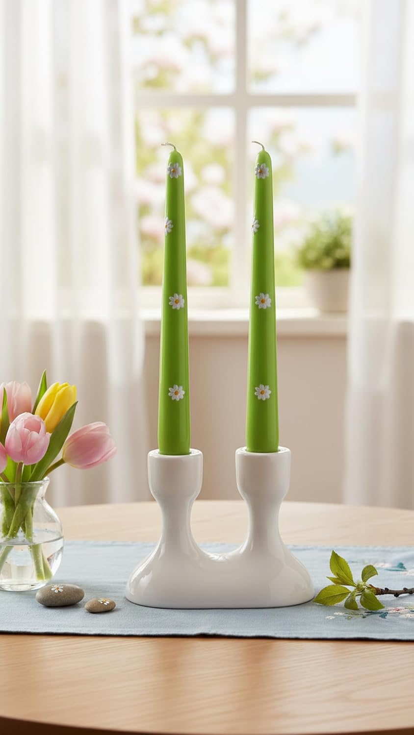 Set of 2 Wax Daisy Candles 25 cm Pistachio Made in Italy Handmade Cereria di Giorgio