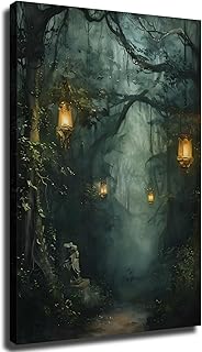 Mystical Dark Forest Wall Art, Enchanted Wall Decor, Fantasy Moonlit Landscape Haunted Wall Print, Spooky Fairy Tale Room Decor Ready to Hang (Framed,16×24-inch)