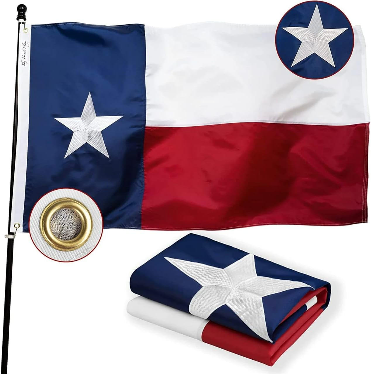 Texas State Flag 3x5 Ft Premium MADE IN USA Embroidered Sewn Heavy Duty 210D Polyester Flag, Vivid Color with Brass Grommets and 4 Stitch Hemming