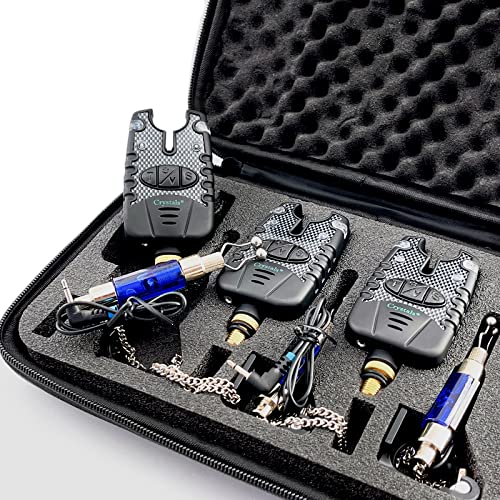 Crystals Carp Fishing Bite Alarm Set with Volume and Tone Control, 3 Alarms + 3 Fishing Swingers Indicator in Zipped Protection Case, Black