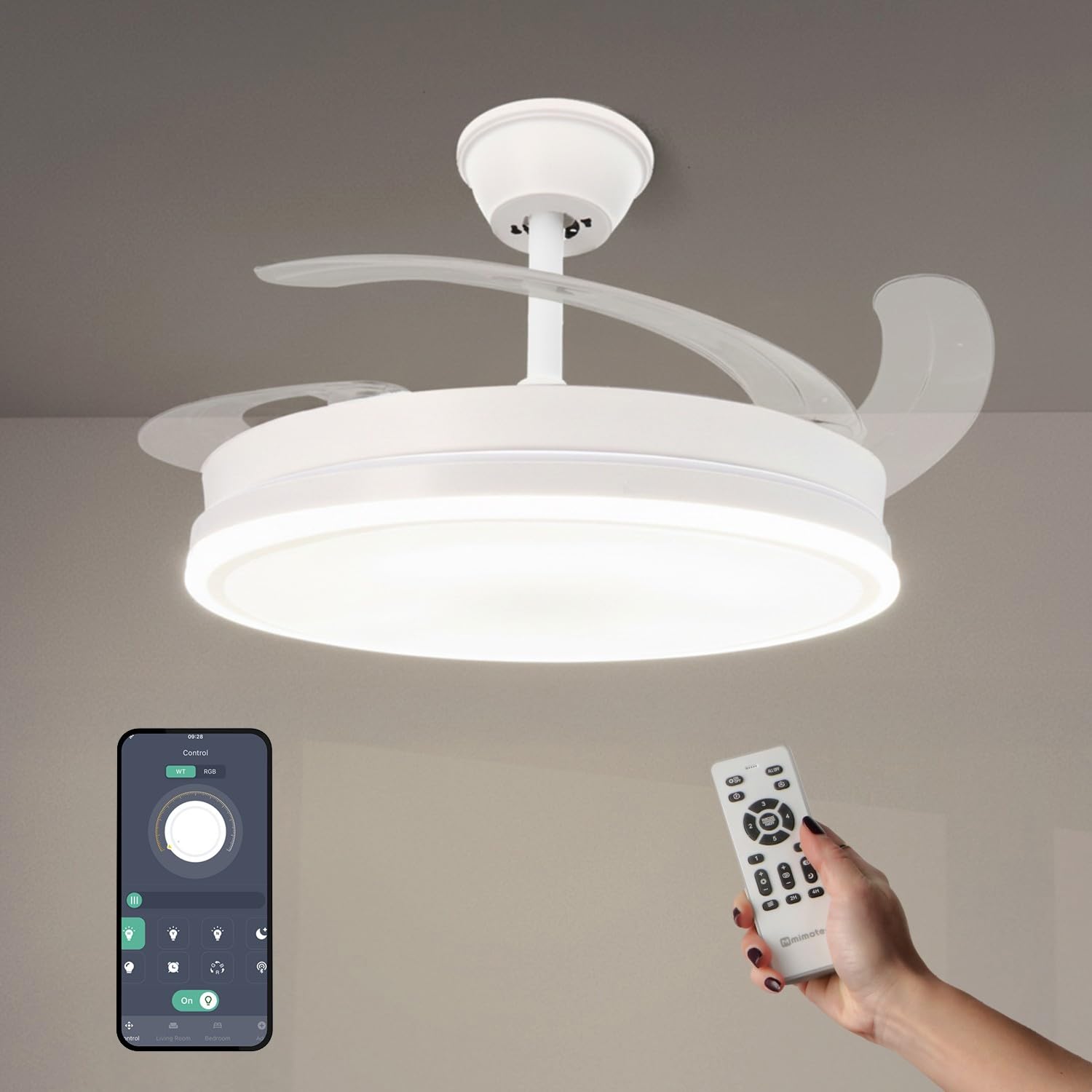 M mimotec -White Olga Ventilador de Techo LED 66W, Control por App, Luz CCT Regulable, Motor DC 30W + LED 36W, Silencioso, 6 Velocidades, 4 Aspas Retráctiles, Temporizador e Intensidad Regulable
