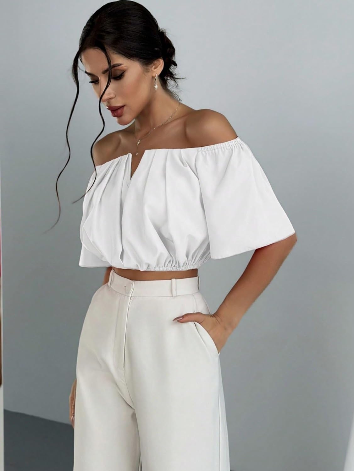 Women's Classic-Fit Shirt Off Shoulder V-Neck Blouse,Short Sleeve Tops