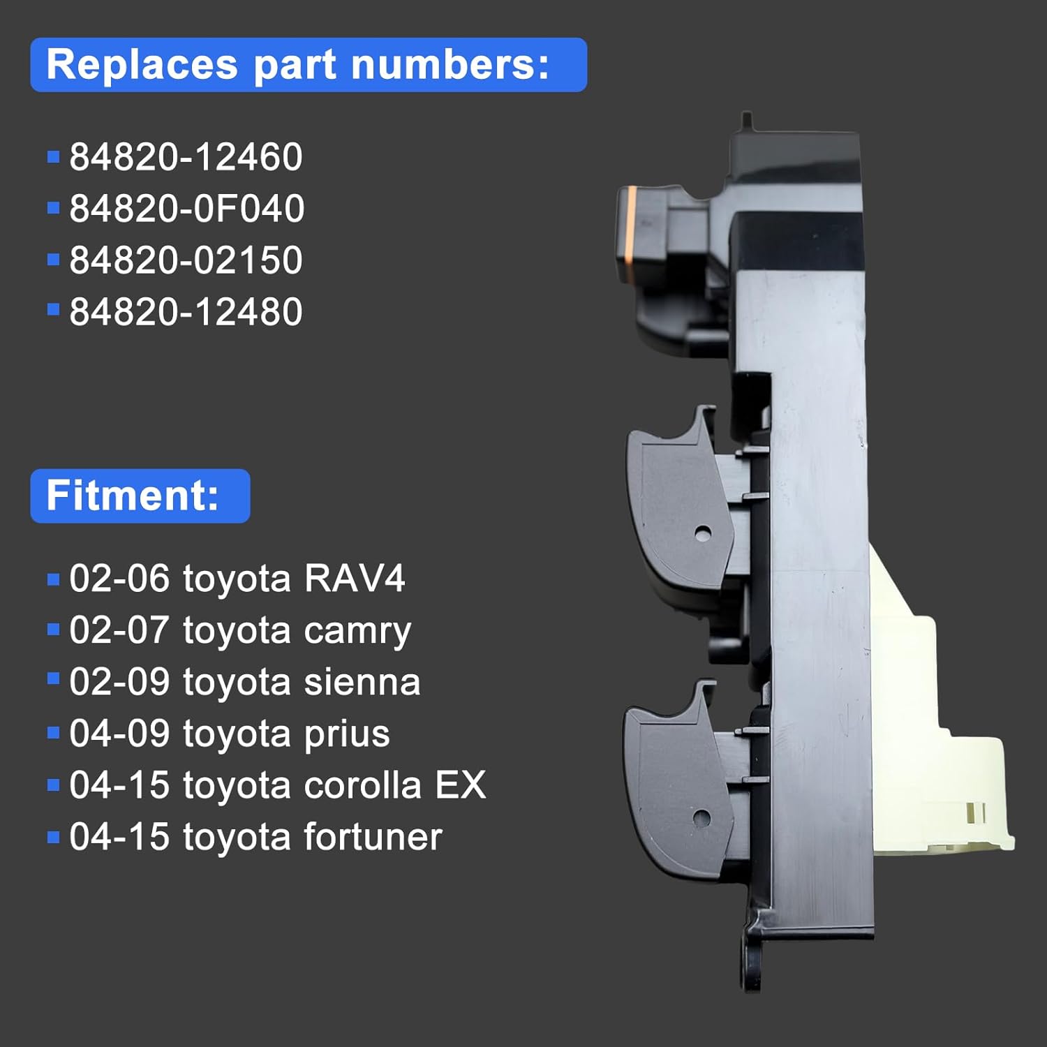 Driver-Side Window Switch - 84820-12460/0F040/02150/12480 - Fits 02-15 Toyota RAV4/Camry/Sienna/Prius/Corolla EX/Fortuner (One-Touch, Blue LED) - W/Tool, 1-Year Warranty​