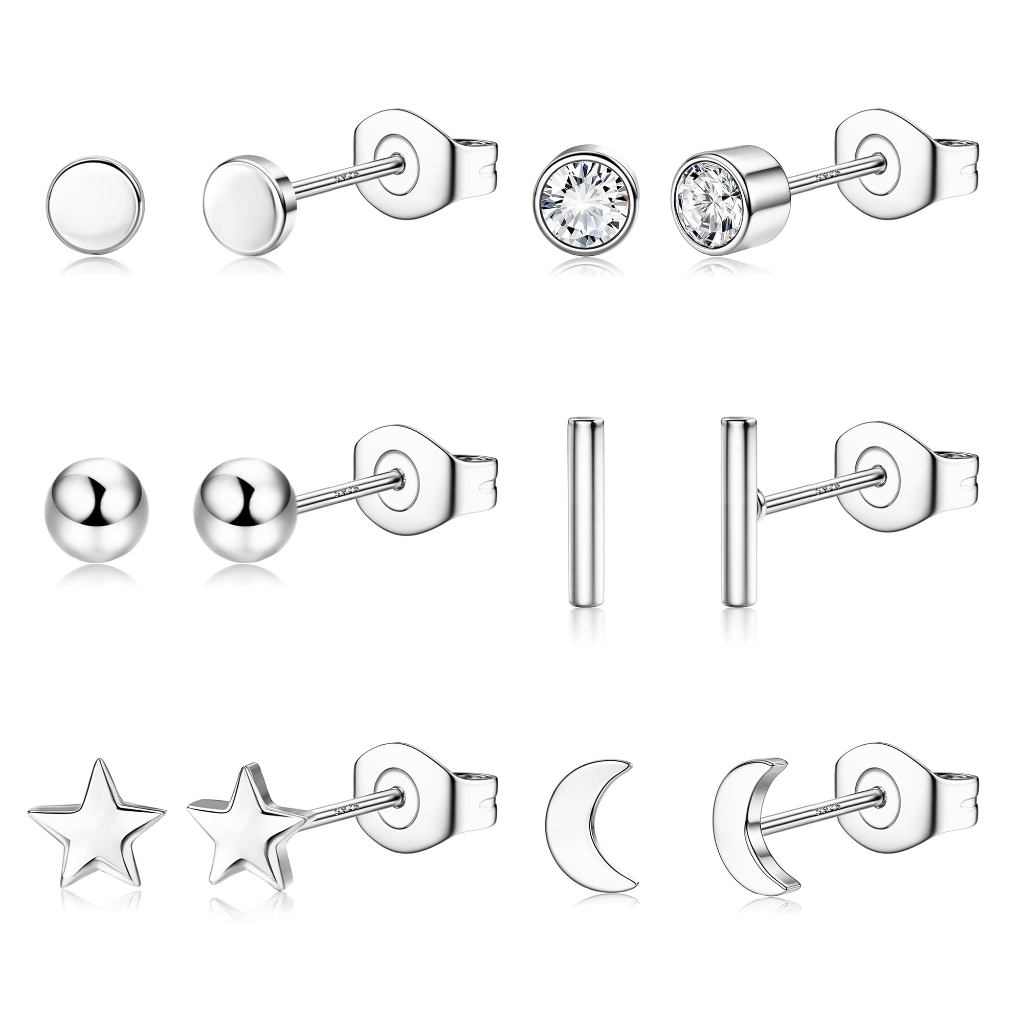 KALVICA Pequeños Pendientes Plata 925 puntos para Mujer Niñas Pequeños Geométricos de Bola Luna y Estrella con Circonita Pendientes Set Hipoalergénicos Pendientes Cartilago Oreja Plata Oro
