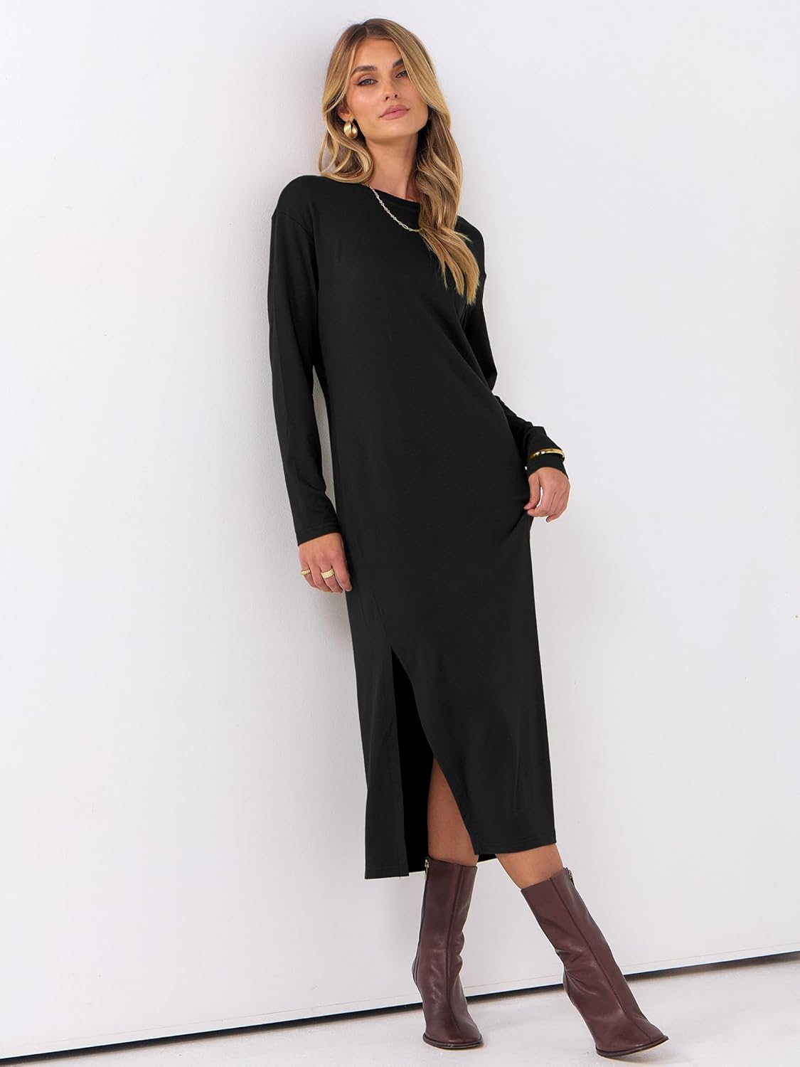 ANRABESS Long Sleeve Midi Dresses for Women Fall Fashion Casual Vacation Crewneck Loose Split Striped Long Tshirts Dress - Image 3