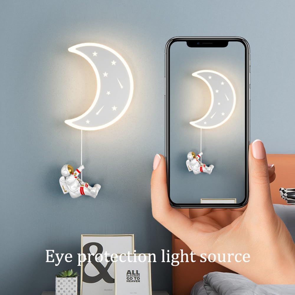 Moon Wall Light Nursery Astronaut Kids Wall Sconce White Modern LED Wall Mounted Night Light Space Men Pink Children Wall Lamp for Boys Bedroom Girls Bedside Headboard Porch