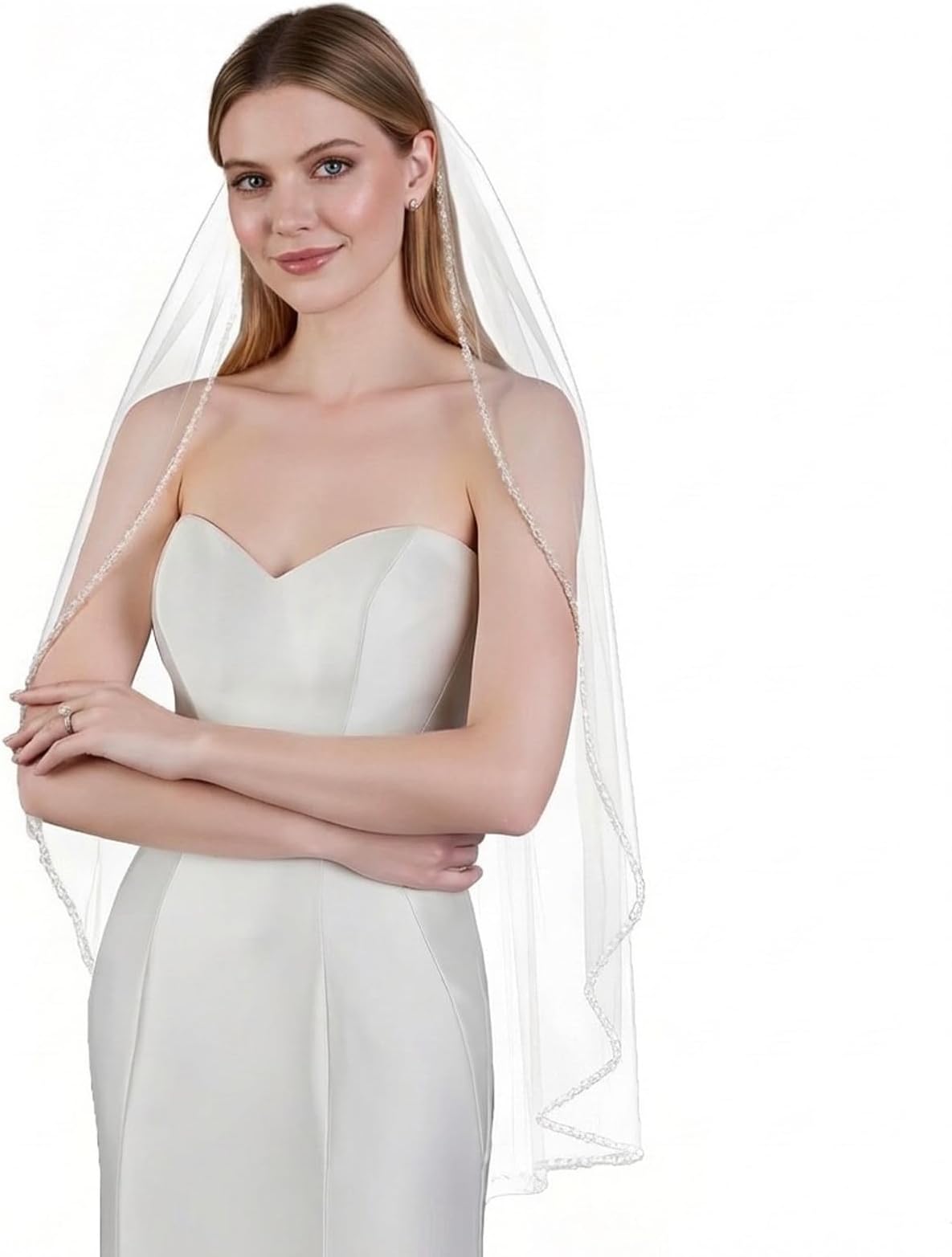 Wedding Veil Pearls and Crystals Beaded Edge 1 Tier Fingertip Length Bridal Veil