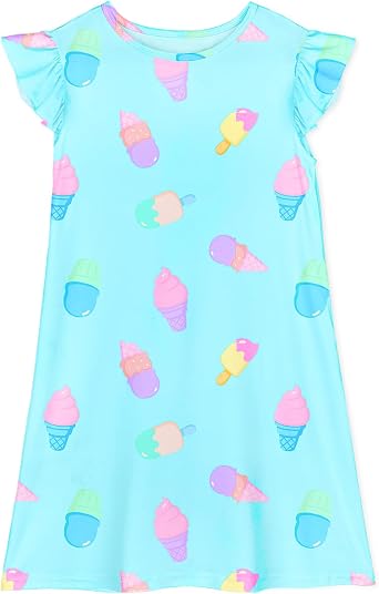 ICOSY Girls Nightgowns, Soft Flutter Sleeve Pajamas Dress for Kids 3-10Y | Well-fitting Girls Night Dress with Breathable and Stretchy Fabric for Seeping, loungewear and Sleepover Party
