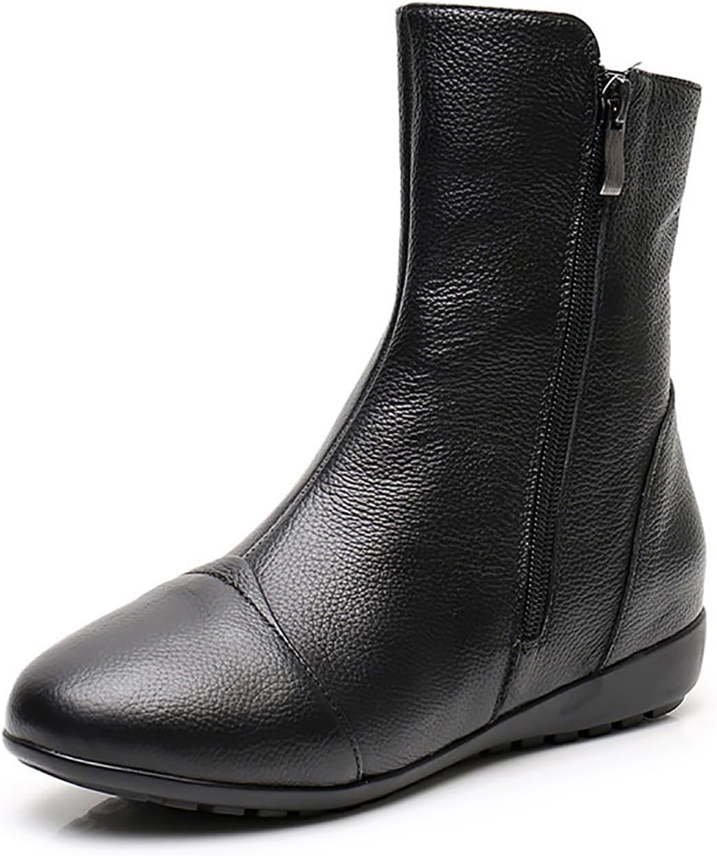 Women's Leather Side Zip Flat Ankle Boots Fashion Comfortable Slip-on Fur Lined Warm Chelsea Booties Winter Low Heel Mid Calf Flat Boots