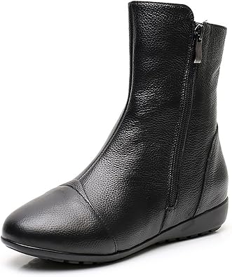 Womens Leather Side Zip Flat Ankle Boots Fashion Comfortable Slip-on Fur Lined Warm Chelsea Booties Winter Low Heel Mid Calf Flat Boots