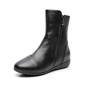 Womens Leather Side Zip Flat Ankle Boots Fashion Comfortable Slip-on Fur Lined Warm Chelsea Booties Winter Low Heel