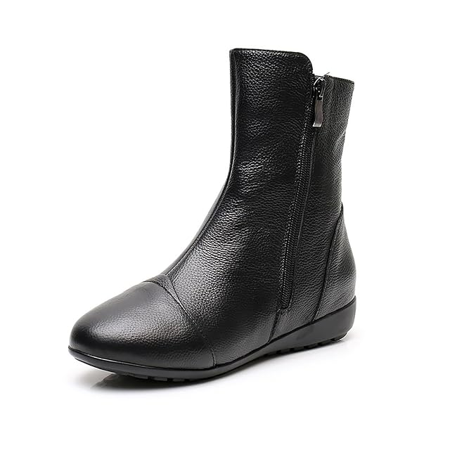 Womens Leather Side Zip Flat Ankle Boots Fashion Comfortable Slip-on Fur Lined Warm Chelsea Booties Winter Low Heel