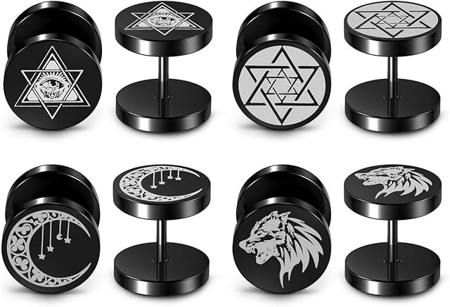 PiercingJak 4 Pairs Stainless Steel Black Stud Earrings Faux Fake Gauges Earrings Hexagram Wolf Moon All Seeing Eye Stud Earrings Cheater Fake Ear Plugs Gauges Illusion Tunnel