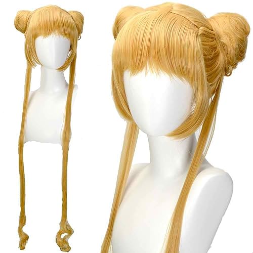 Miniatura 5 de Peluca larga rubia dorada con dos coletas de moño para Sailor Moon Tsukino Usagi Anime Cosplay Pelucas de pelo sintético