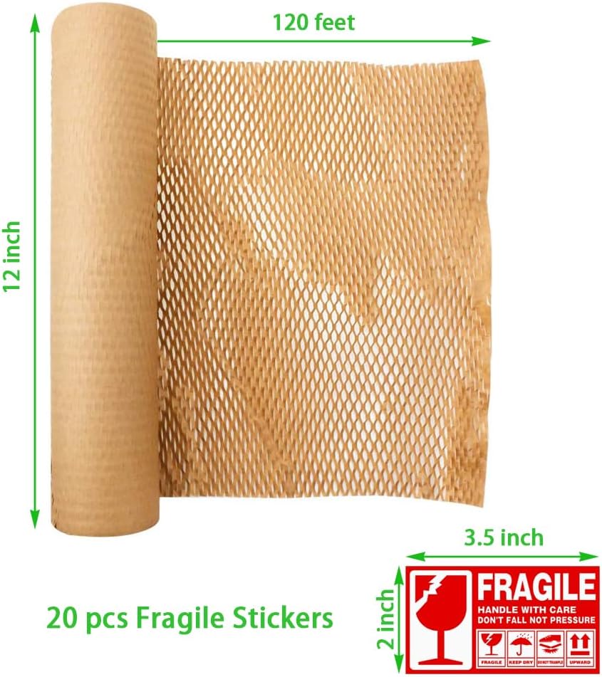 Honeycomb Packing Paper 12" W x 120' L Packing Paper for Moving Products & Gifts Honeycomb Wrapping Paper Recyclable and Biodegradable Cushioning Packing Material with 20 Fragile Stickers image 3