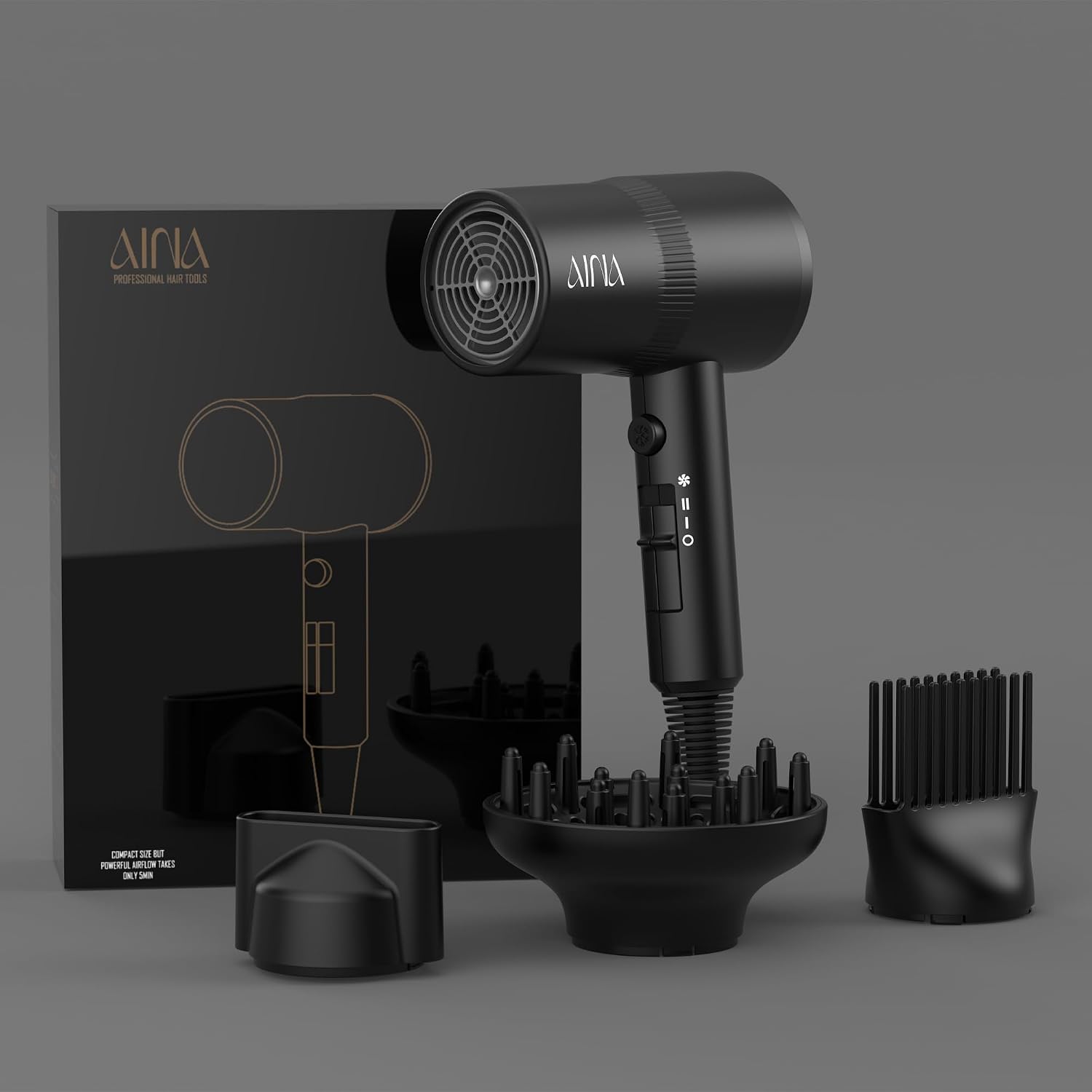 AINA Hair Dryer with Diffuser, Comb | Blow Dryer for Women Compact Travel Professional Ionic Blow Dry | Cold Shot Button 110V/ALCI (Vader Black)