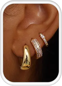 LOLIAS Small 14K Gold Plated Chunky Hoop Earrings for Women, Hypoallergenic Silver Earrings Set, Non-Tarnish, Lightweight, 3 Pairs