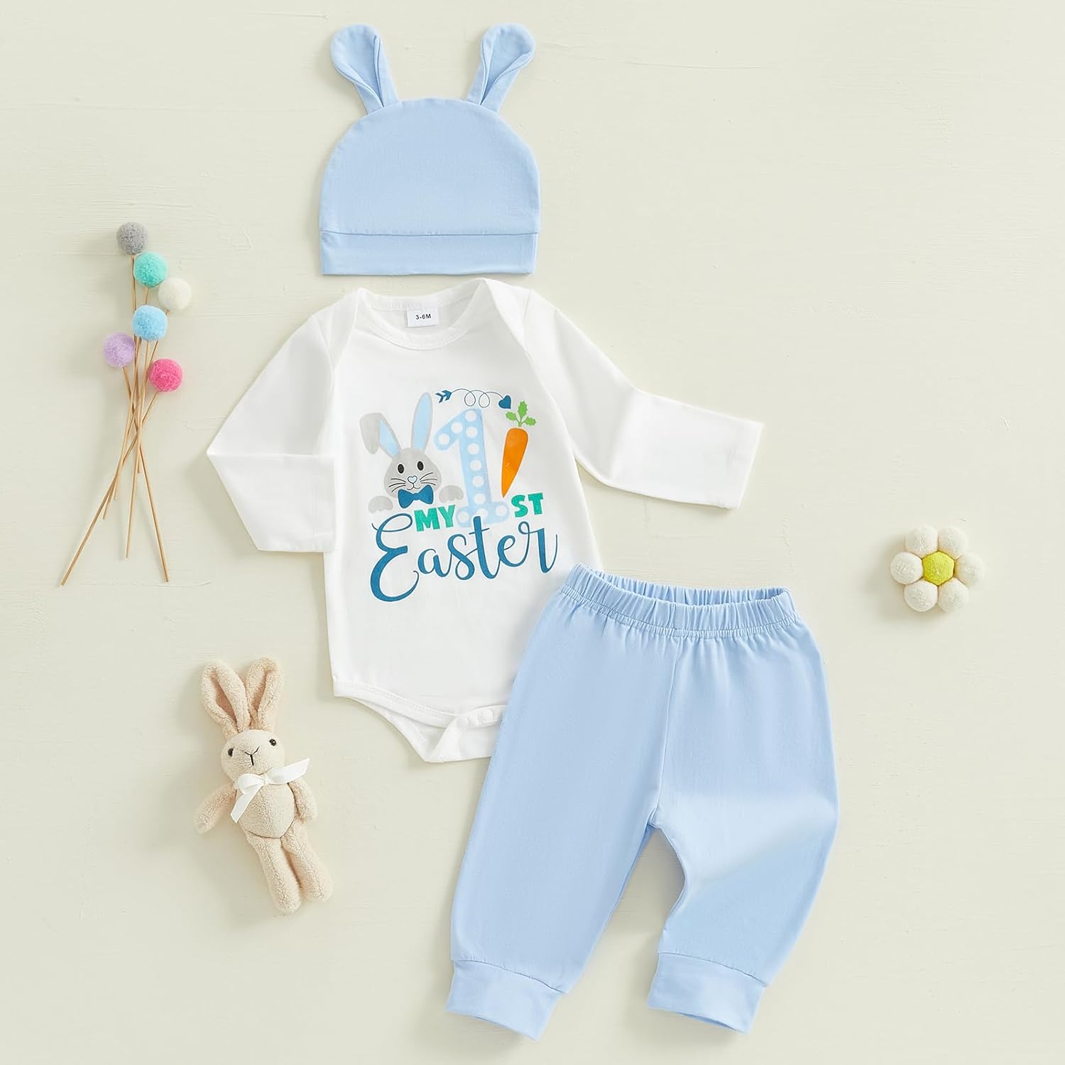 My 1st Easter Newborn Baby Boy Girl Outfit Clothes Long Sleeve Bunny Letter Print Romper Trouser Hat Set - Image 3