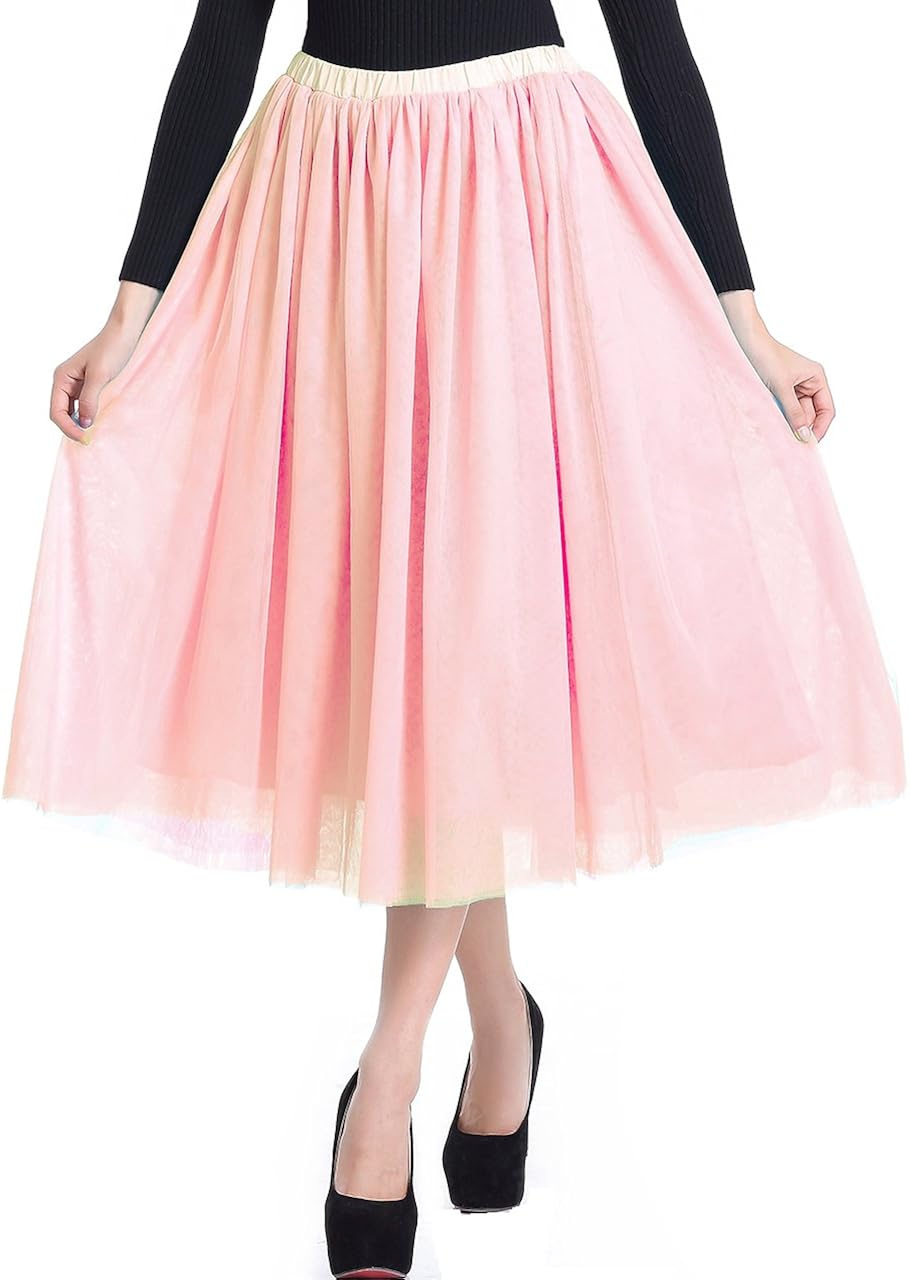 v28 Women Girls Junior Pleated Tulle Tutu Ballet Midi Elastic Skater Dance Skirt
