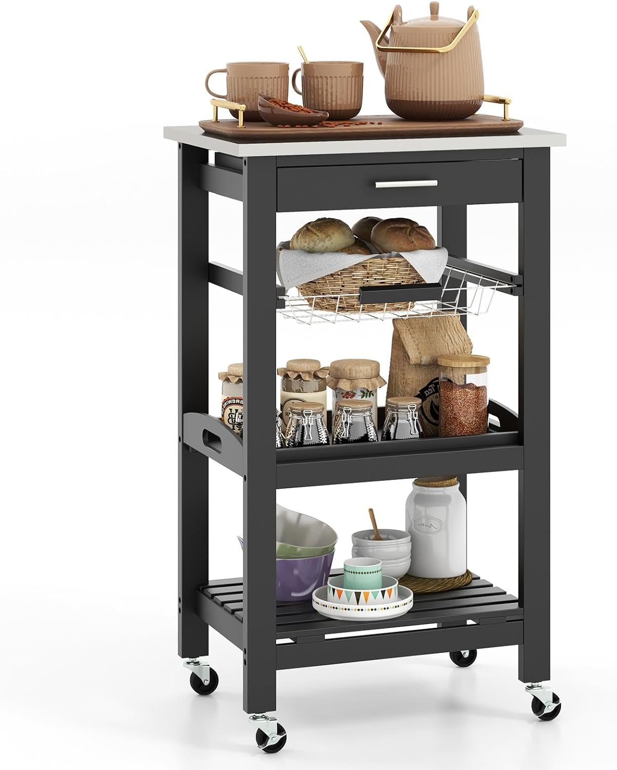MEDIMALL Small Kitchen Island Cart, 4-Tier Microwave Storage Rack with Stainless Steel Countertop, Metal Wire Basket & Serving Tray, Buffet Serving Cart with Wheels for Kitchen, Dining Room, Black