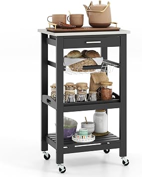 MEDIMALL Small Kitchen Island Cart, 4-Tier Microwave Storage Rack with Stainless Steel Countertop, Metal Wire Basket & Serving Tray, Buffet Serving Cart with Wheels for Kitchen, Dining Room, Black
