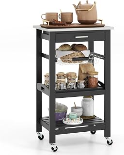 MEDIMALL Small Kitchen Island Cart, 4-Tier Microwave Storage Rack with Stainless Steel Countertop, Metal Wire Basket & Serving Tray, Buffet Serving Cart with Wheels for Kitchen, Dining Room, Black