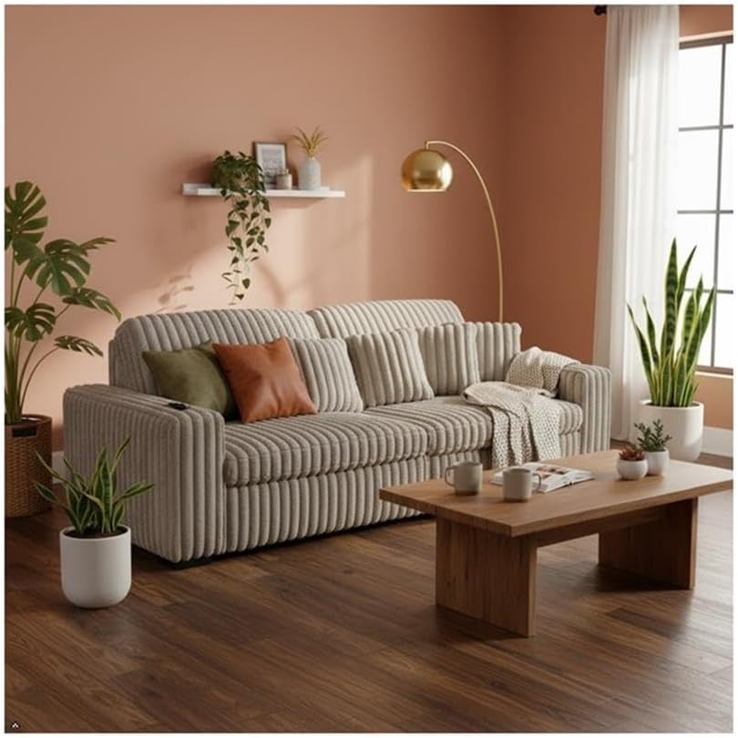 Pemberly Row 113" W Corduroy Fabric Cloud Convertible Sectional Deep Seat Sofa Slider with Power Recliner Glider, USB Charging Ports, and 6 Cushions in Presley Latte for Living Room