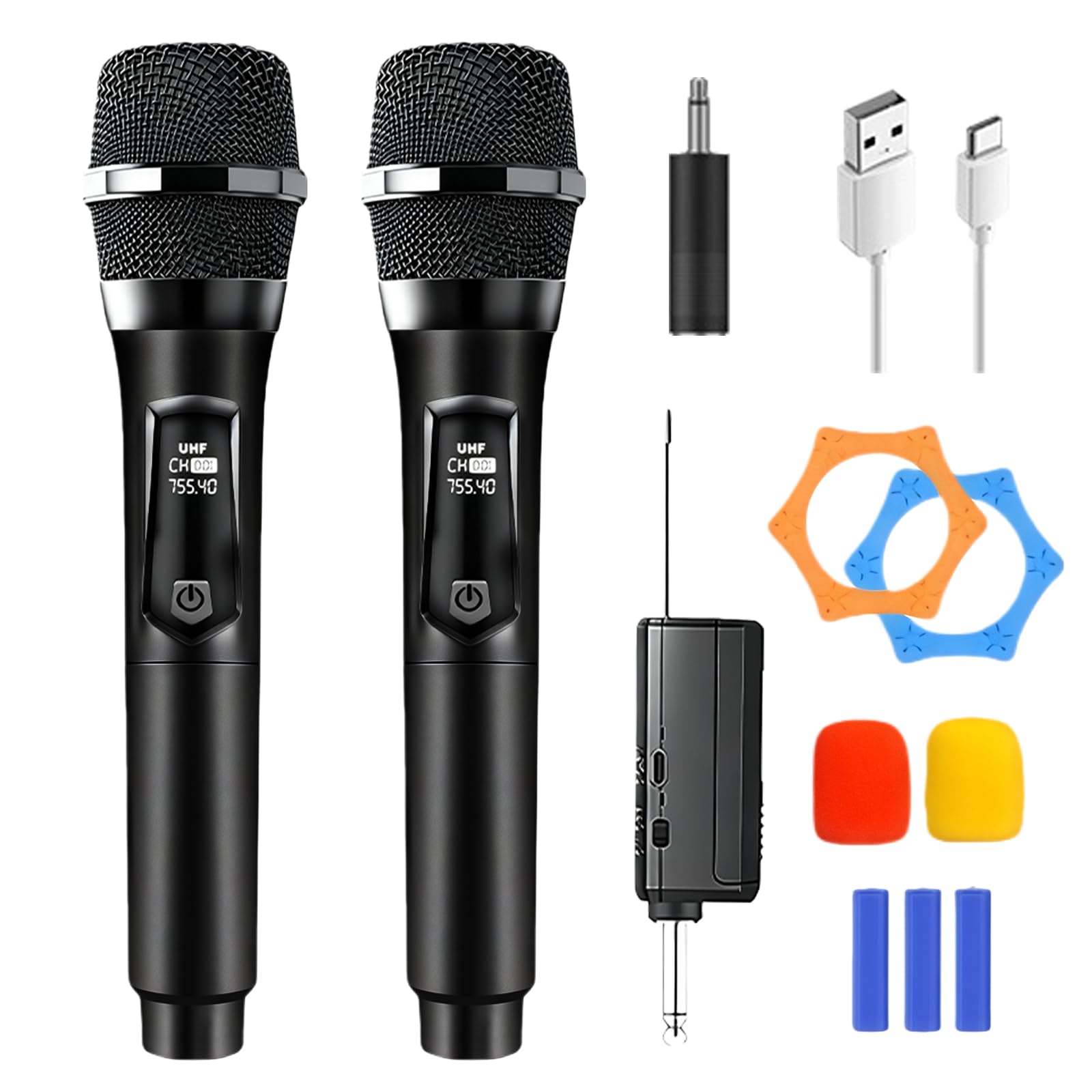 Microphone Sans Fil, Double Microphone Karaoké, Double Portable Micros Dynamiques Avec Récepteur, Microphones A Main Sans Fil Rechargeable Pour Églises, Mariages, Karaoké, Chants, Fêtes, Soirées, Dj